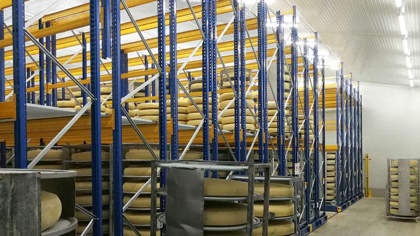 EMMENTALER-KÜHLLAGER 3° C BODNEGG Emmentaler Käse, der in blauen Regalen gelagert wird