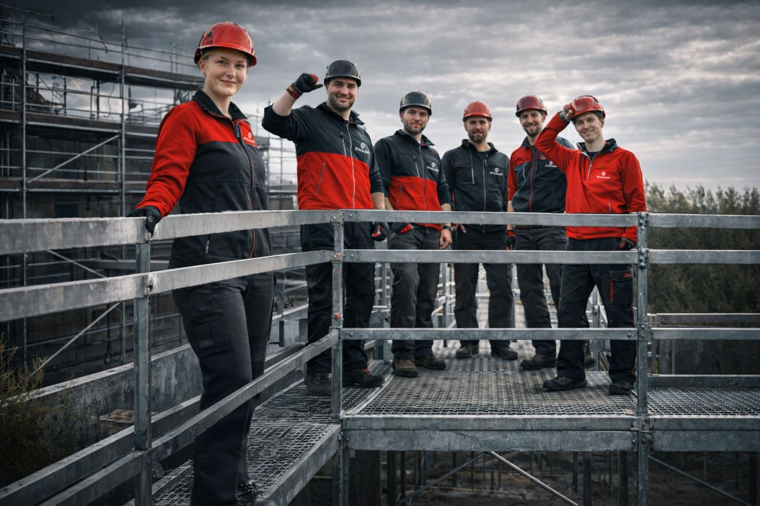 Eine Frau und fünf Männer in Arbeitskleidung an einem Baugerüst